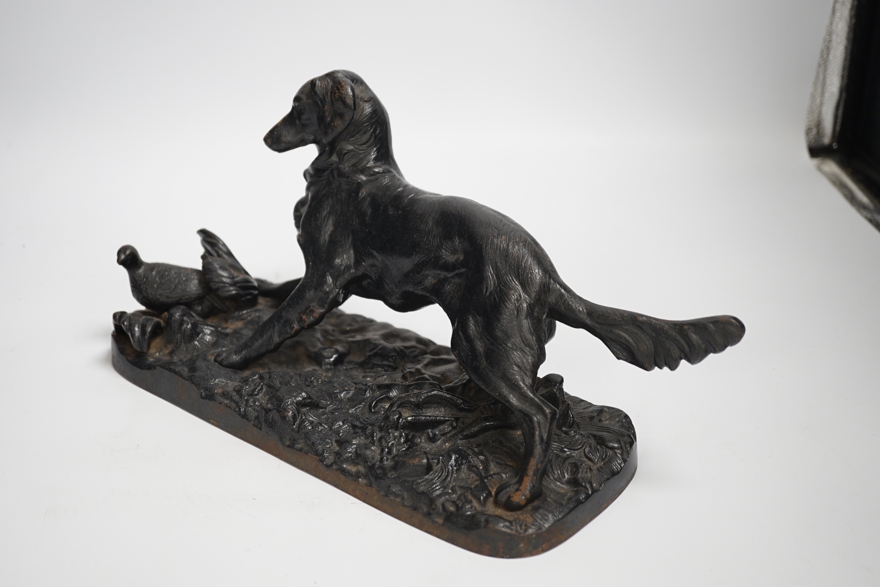 A cold-painted lead figure and a bronze animalier retriever dog, dog group 34cm long (2)